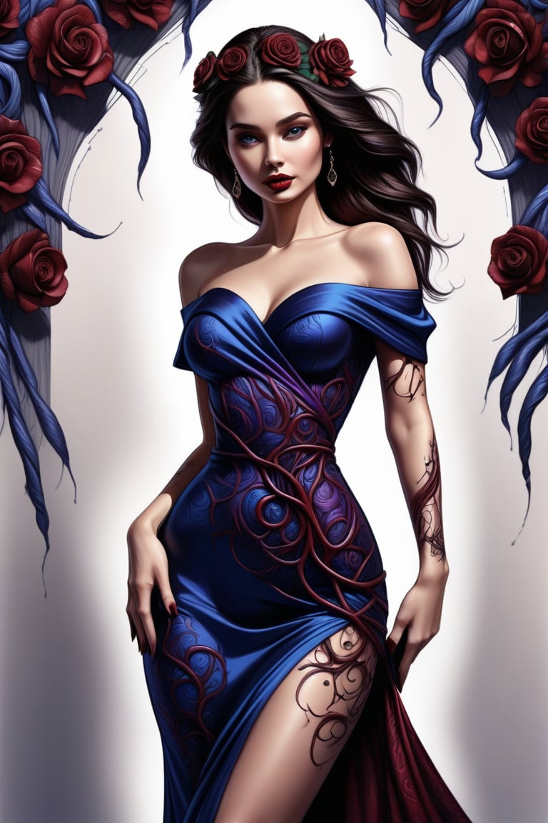 high quality, high quality, 8K Ultra HD, In this exquisite ink painting, the dynamic essence of Lana Rhoades's beautiful figure, blue silk dress. off-the-shoulder with striking beauty, deep shades of blue, dark red and black ink converge to form intricate patterns, capturing the essence of elegance and power of plumage, deep red and deep purple flowers, vines with thorns wrapping around her figure