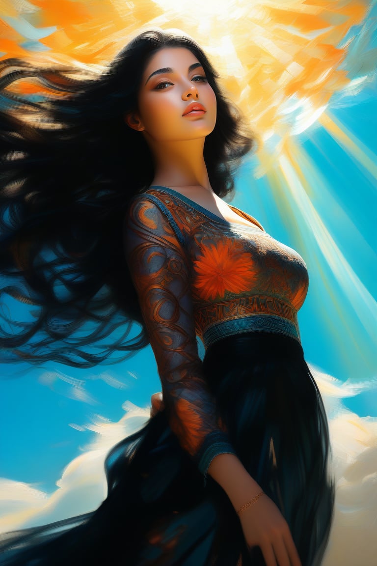  Foreshortening - looking up from the bottom. A very beautiful Arab woman with long flowing black wavy hair, dressed in a black skirt with patterns and accessories in turquoise and orange tones. Fantastically and fabulously, charming radiance, soft brush strokes, air movements, soft shining light, light layering, Radiant glare of sunlight, high detail. The background is a magical clearing. The material is oil on canvas.