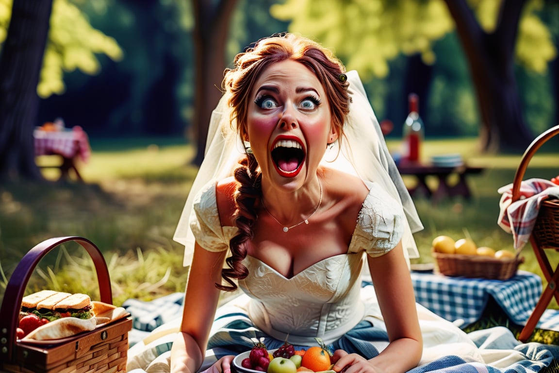 playful bride on a picnic, featuring a cinematic stop-motion shot, amusing expression, exaggerated features, detailed clothing, textured shading, bold outlines, soft lighting, playful atmosphere, dynamic pose, expressive eyes, vibrant color palette