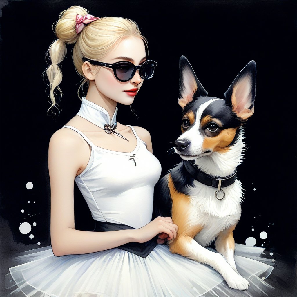 watercolor acrylic, random interesting pose, Russian woman in a white dress and a black and white dog, ballerina, sports glasses on a dog)), for a catalog, blond hair. ponytail, tutu, dark background