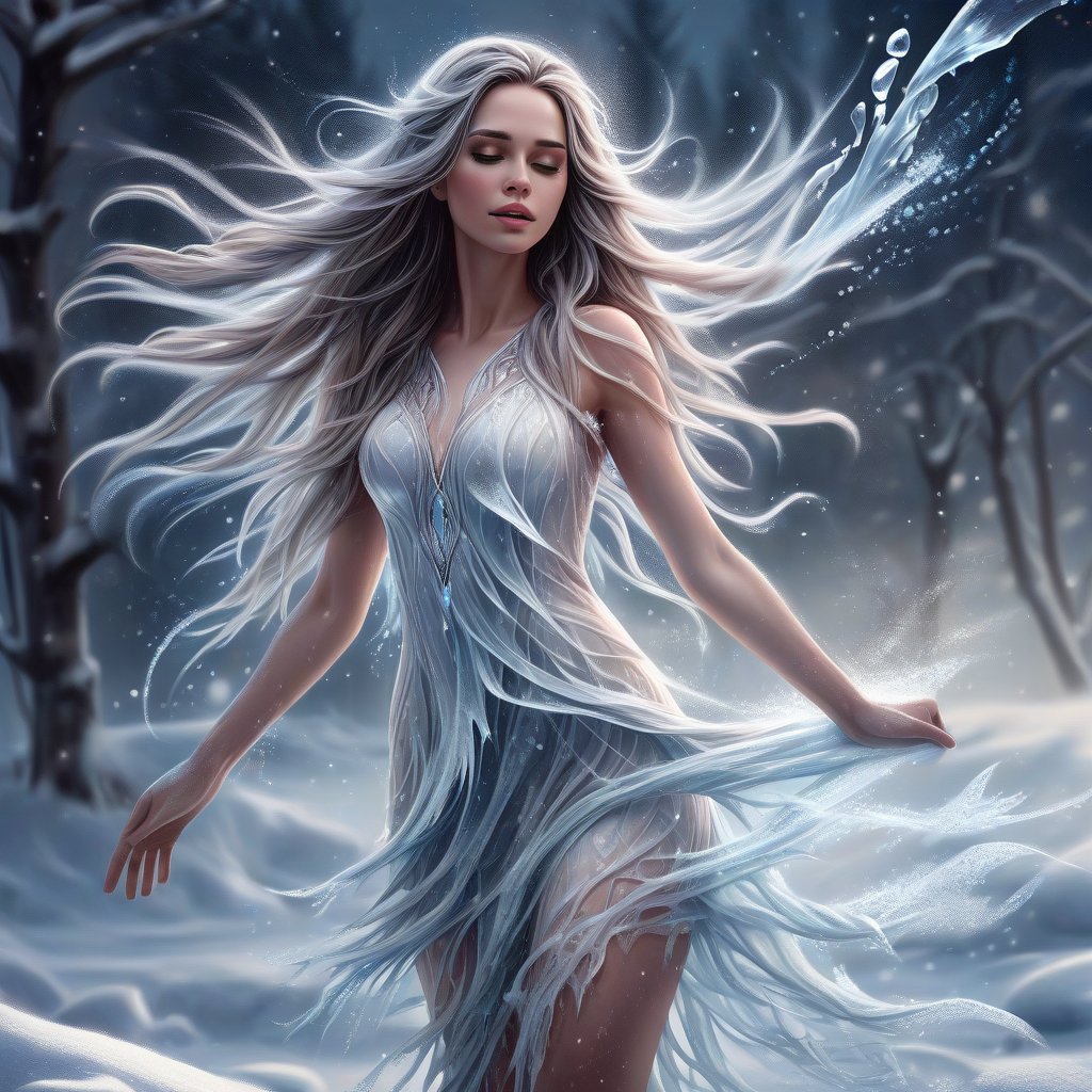 beautiful woman with long icy flowing hair standing in the snow, digital art inspired by Magali Villeneuve, fantasy, ethereal dripping ice, made of ice, Laurie Earley, wearing a dress made of water, soft inner glow, ethereal, ice shards, ice landscape, sparkling ice, girl in white short frosted dress made of ice lace, icy, feminine etherealness, detailed, sophisticated appearance, high detail, high budget, bokeh, cinemascope, gorgeous, film grain, professional, highly detailed, photographic, extreme realism, subtle texture, incredibly realistic