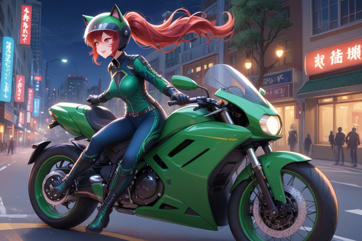 A girl, red hair, cat ears on her head, wearing a helmet, (in a blue suit), ((on a green sports motorcycle)), rides at high speed through the city at night