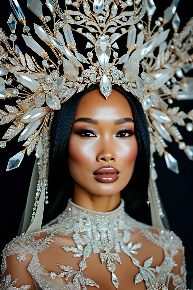 An Asian woman with dark lips, long black straight hair, an intricate headdress made of crystal roses, shimmering crystals, pearls and delicate silver leaves, she is in a thin light tight-fitting dress with beautiful shimmers and slits. With transparent wings decorated to match the headdress. A woman poses gracefully against a dark background with a white transparent haze.