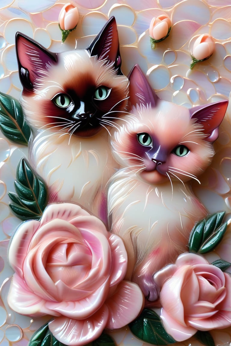 Two cute cartoon fluffy Siamese kittens are painted on the pearl mother-of-pearl. pale lilac-pink roses with dark green leaves made of mother-of-pearl. The background is pearl mother of pearl. close-up.