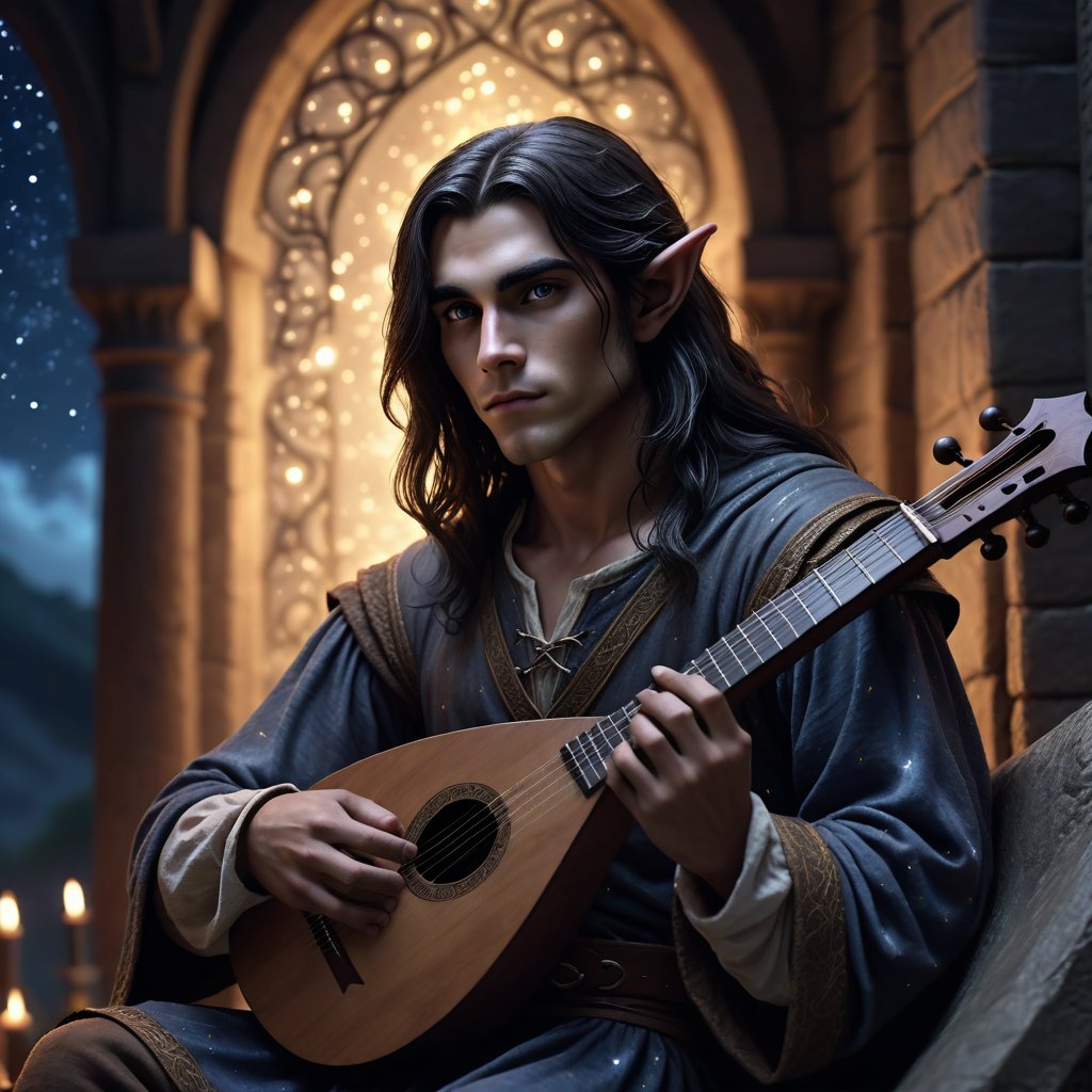  young elf dark long hair, dark style ministrel fusion ghost, Sexy in the moonlit night, sits sideways, passion in the eyes viewer's gaze, plays the lute beautiful starry sky art cloaked cinematic, beautiful male face, full body, in a renaissance shirt, 4k fantasy cinematic lighting macro detailing of the face, glare in the eyes