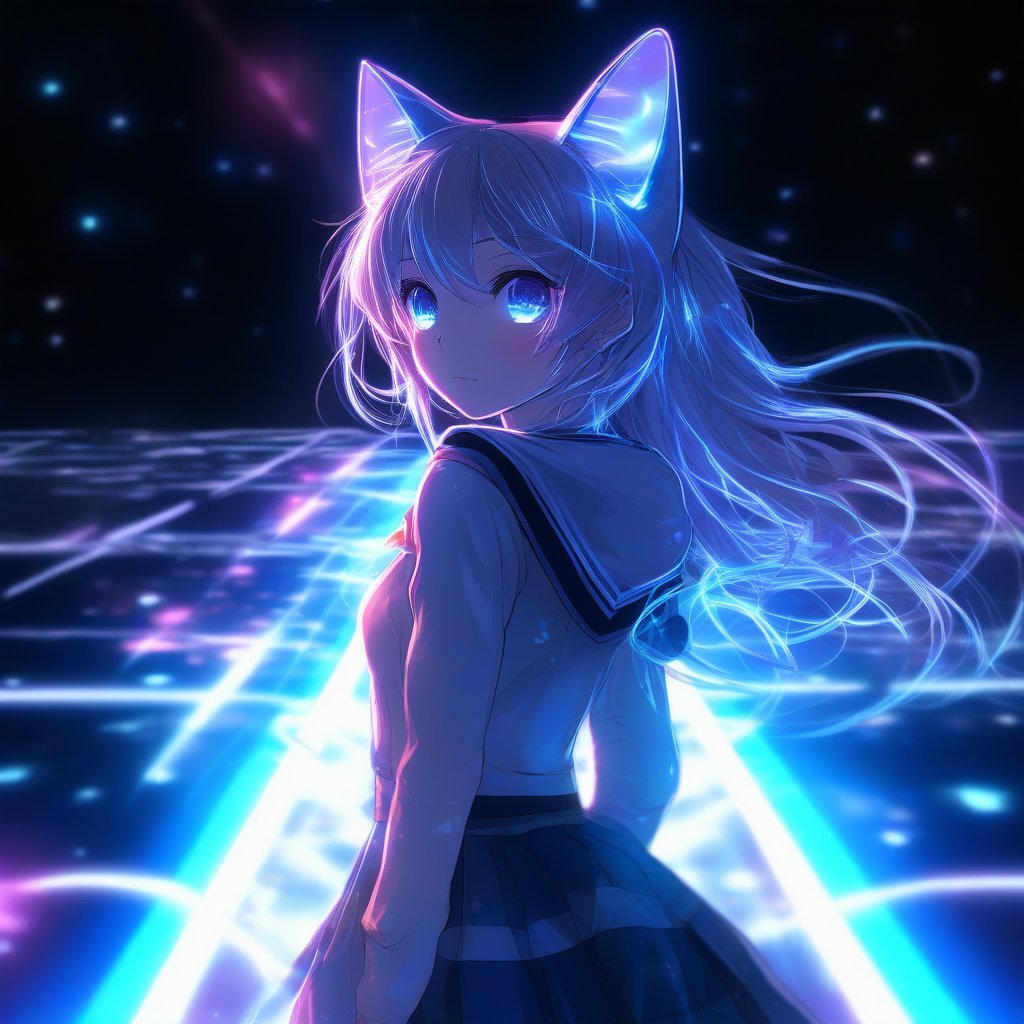 space neon laser show, projection of a drawing in full growth of a girl, cat ears, from laser beams, show, style anime, soft eyes lighting, 8k