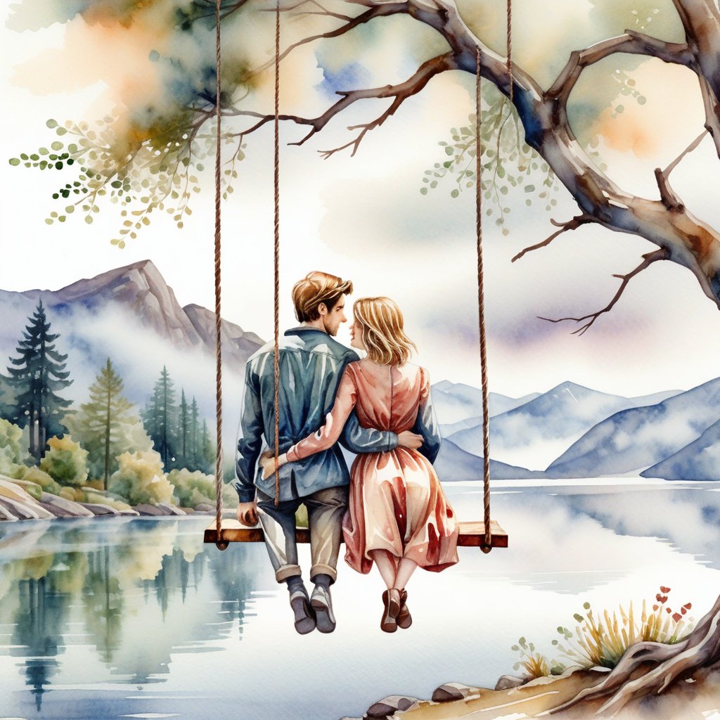 A close-up watercolor painting of a romantic couple sitting on a swing suspended from a tree branch, embracing and looking into each other's eyes, with a scenic view of a lake and misty mountains in the background, and their clothes flowing softly.