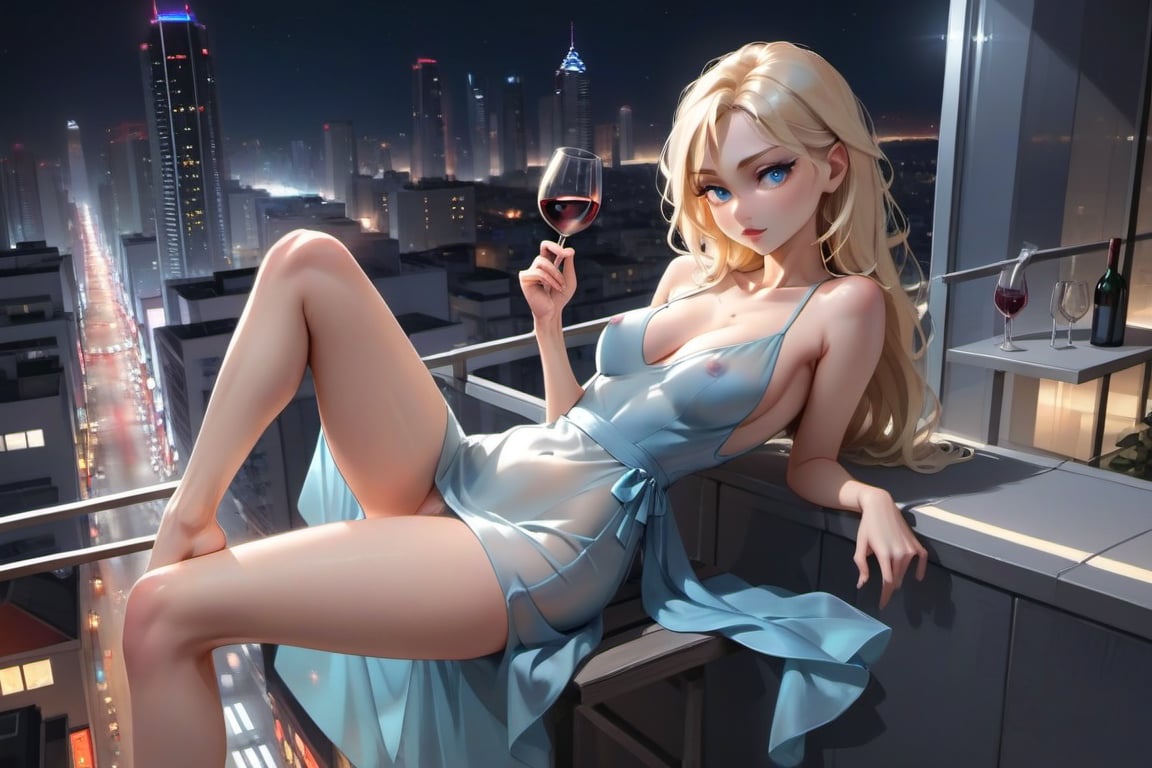 full height:1.5, young 18-year-old blonde, long waist-length hair fluttering in the wind, slender and thin figure, thin waist, long legs, (blue expressive eyes:0.5), beautiful breasts, resting with a glass of wine, dressed in a light, short, silk dress, white, on the glass balcony of a high-rise building, at night, the bright streets of a neon city at night, high detail and dynamic poses, the beauty of the night city and lights from above