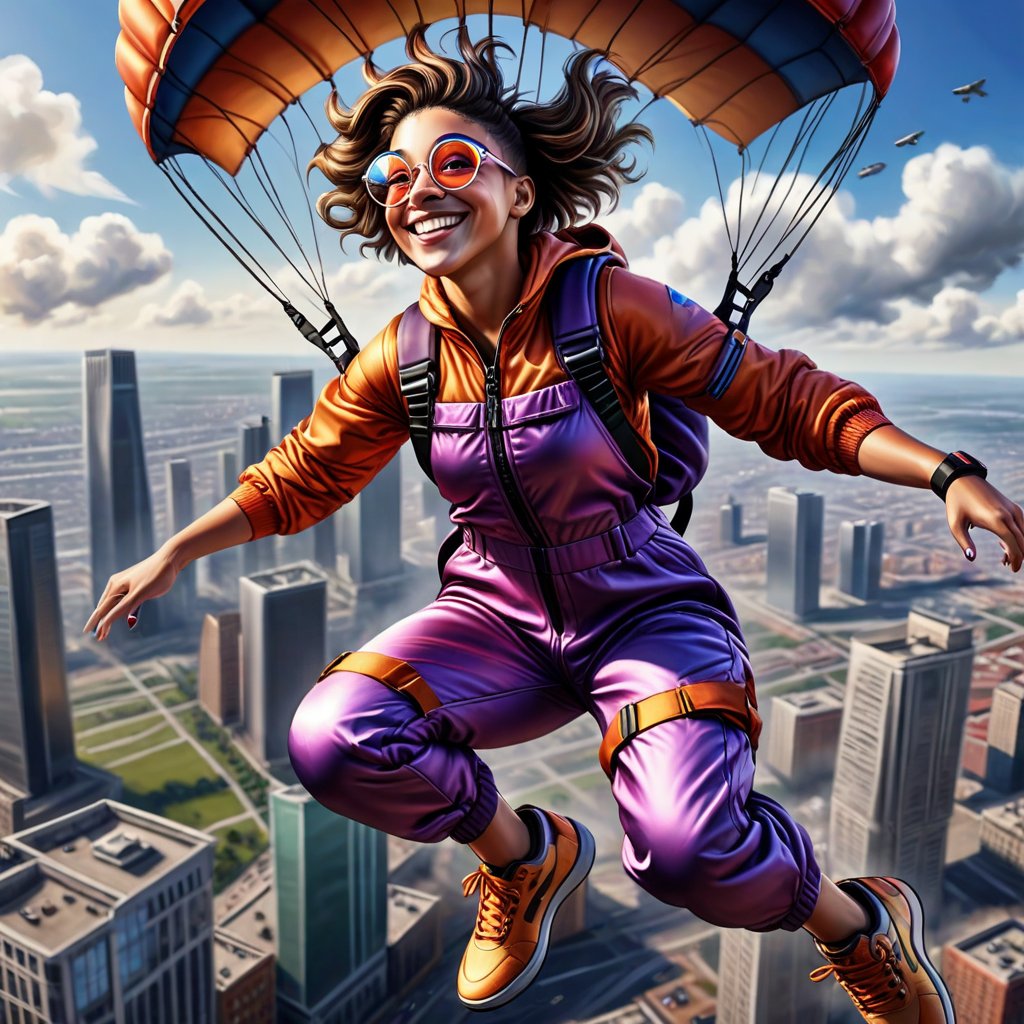  A young woman with a stylish fashionable haircut and in a bright jumpsuit with straps and rivets, jumps with a parachute, an unusual angle of flight over the city, dynamics of movements, the city is far below, a woman soars in the clouds, she has interesting close-up shoes, sports colored glasses and a smile, in the style of realism, cinematic.
#Dalle