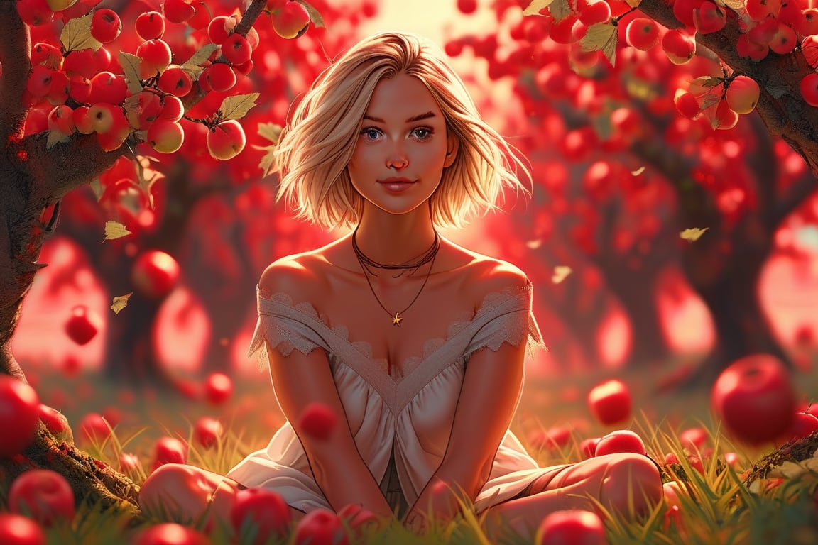 A beautiful 23-year-old woman with short blonde hair is sitting on her knees on the ground, surrounded by trees and apple blossoms. Behind her, the bright red planet Mars can be seen in the space backdrop. The woman's expression conveys a sense of positivity and wonder, her face rendered with a high level of realism and cinematic quality.