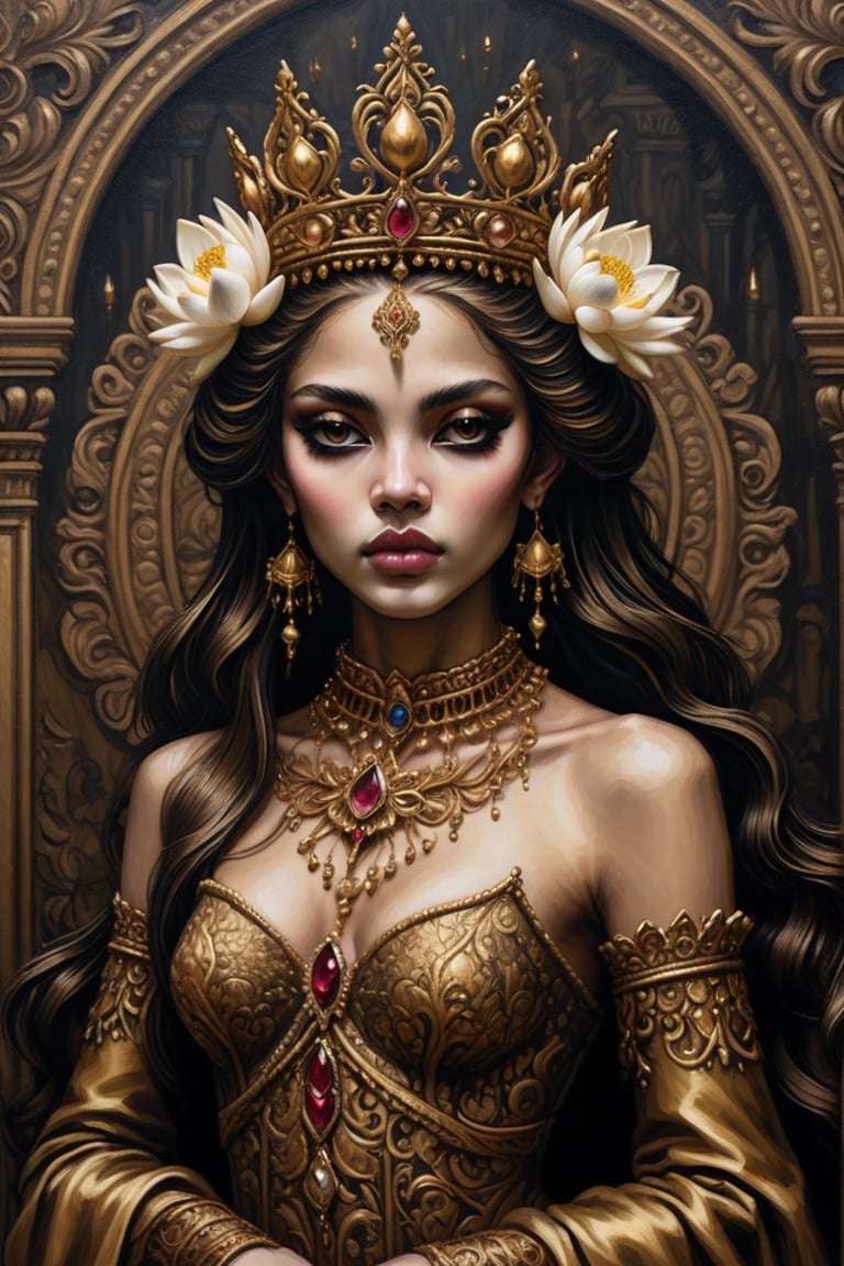   Beautiful woman, (in dark gold) baroque color palette, in a crown with a lotus flower, highly detailed dark art, gothic young woman, acrylic, painting.