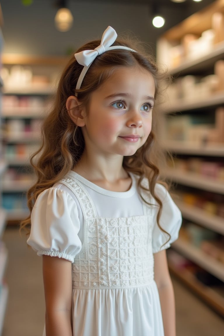 girl, in white dress, thoughtful look at goods on shelves in store