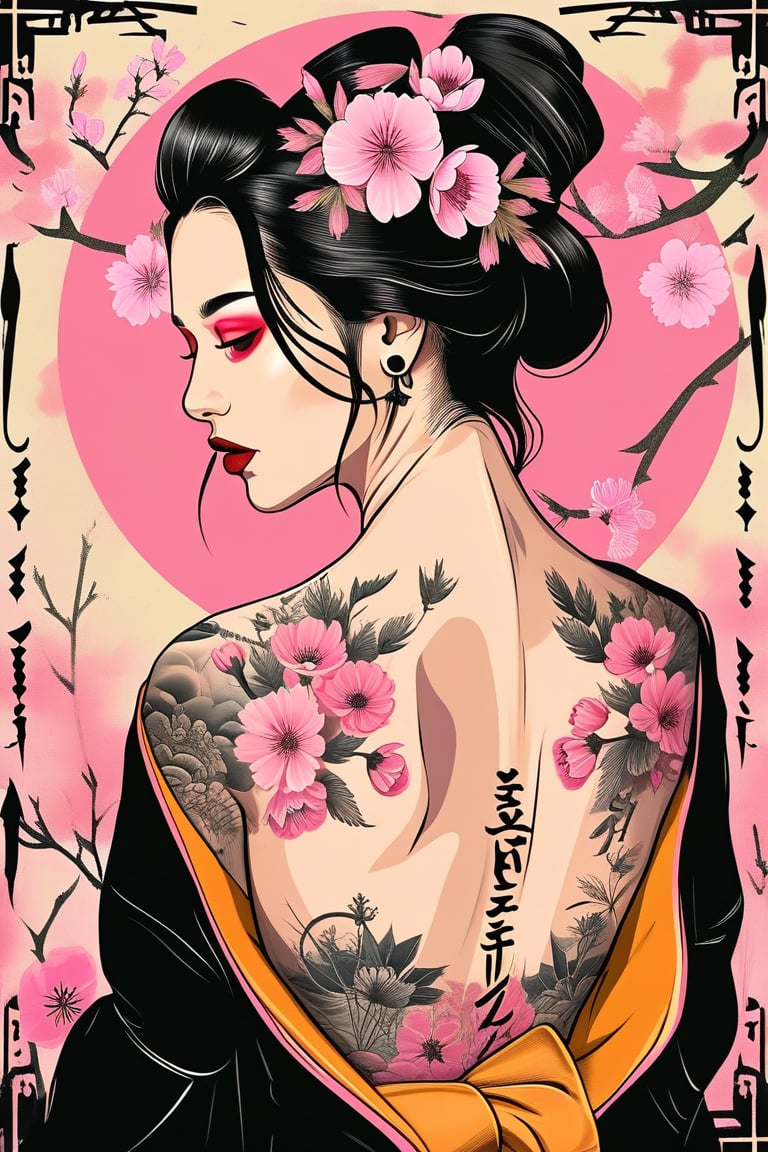 A beautiful geisha woman, in a black kimono with an open back, sakura tattoo and inscriptions on her back, an open box with sakura in her hands. The background is Chinese hieroglyphs, pink circle, roses. Detailed drawing.