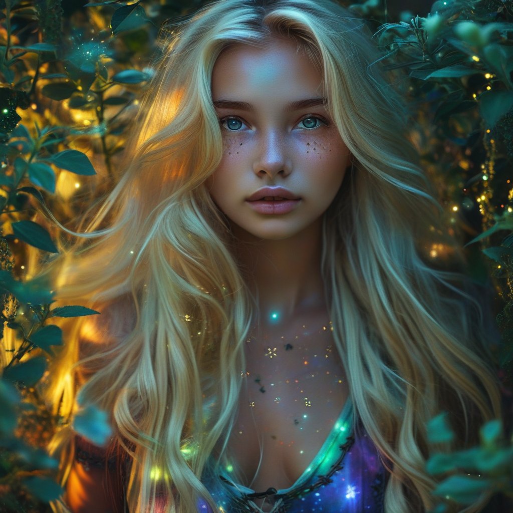 slavic fantasy, bioluminescence in the night, beautiful 18-year-old blonde, cascading flowing hair, expressive eyes, cosmic-colored print on the t-shirt, playful expression on the face, magnificent color palette, mystical ambiance, glowing plants in the background