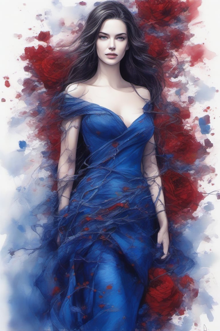 high quality, high quality, 8K Ultra HD, In this exquisite ink painting, the dynamic essence of Lana Rhoades's beautiful figure, blue silk dress. off-the-shoulder with striking beauty, deep shades of blue, dark red and black ink converge to form intricate patterns, capturing the essence of elegance and power of plumage, deep red and deep purple flowers, vines with thorns wrapping around her figure