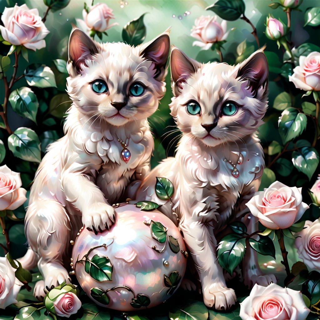 Two cute cartoon fluffy Siamese kittens are painted on the pearl mother-of-pearl. pale lilac-pink roses with dark green leaves made of mother-of-pearl. The background is pearl mother of pearl. close-up.