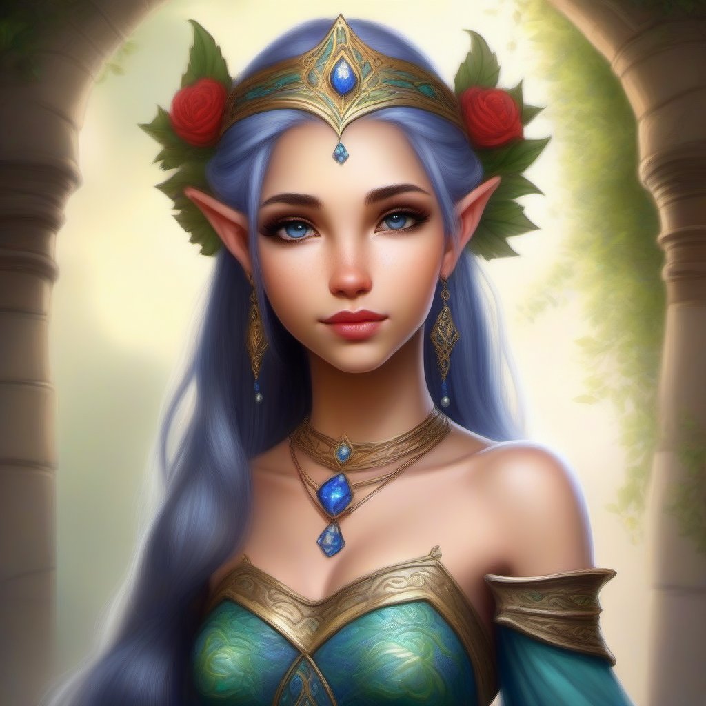 Flirt princess 18 yo of the (dream: 1.5) elves) kingdom, tattoo face, Portrait (face: 1.2),diadem, (in very Nice dress), grotto,, by Todd Lockwood