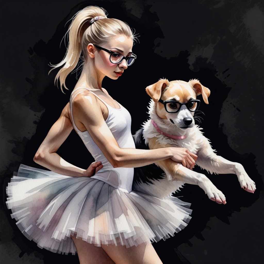 watercolor acrylic, random interesting pose, Russian woman in a white dress and a black and white dog, ballerina, sports glasses on a dog)), for a catalog, blond hair. ponytail, tutu, dark background