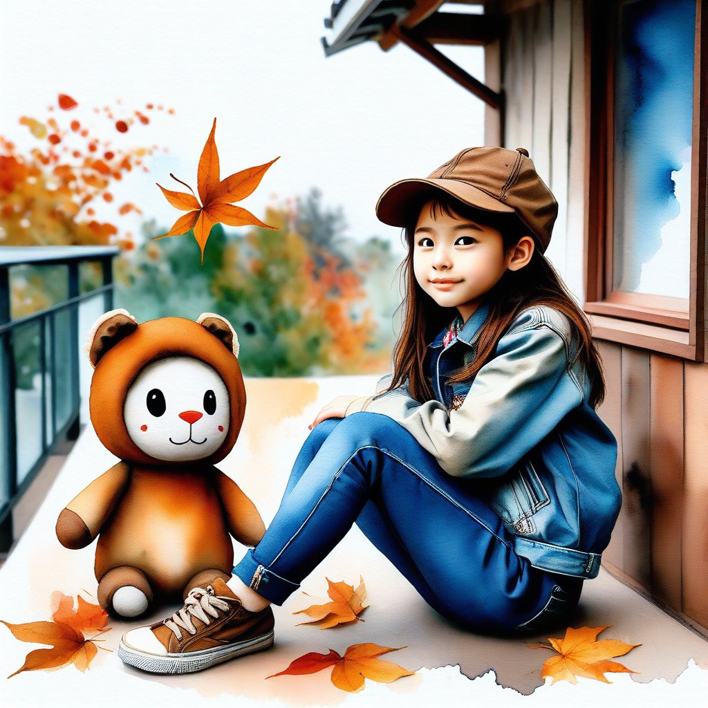 watercolor, random pose. 10 year old girl with brown hair. next to a stuffed animal in a denim jacket and a hat decorated with autumn leaves, sits on the terrace of a raw-style house.