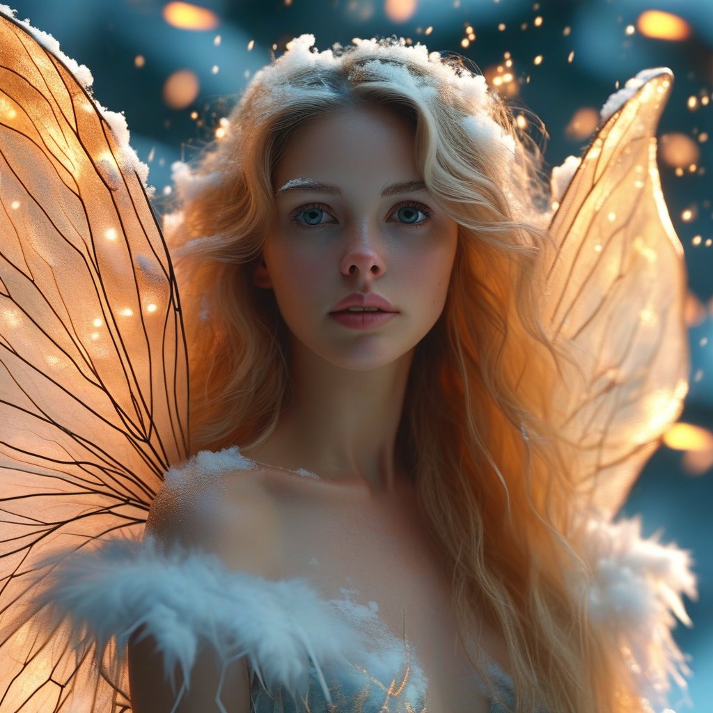 A beautiful fairy woman with large, transparent wings stands on fluffy snow. Her detailed facial features are illuminated by the fireflies flying around her. The image has extreme detail and high clarity.