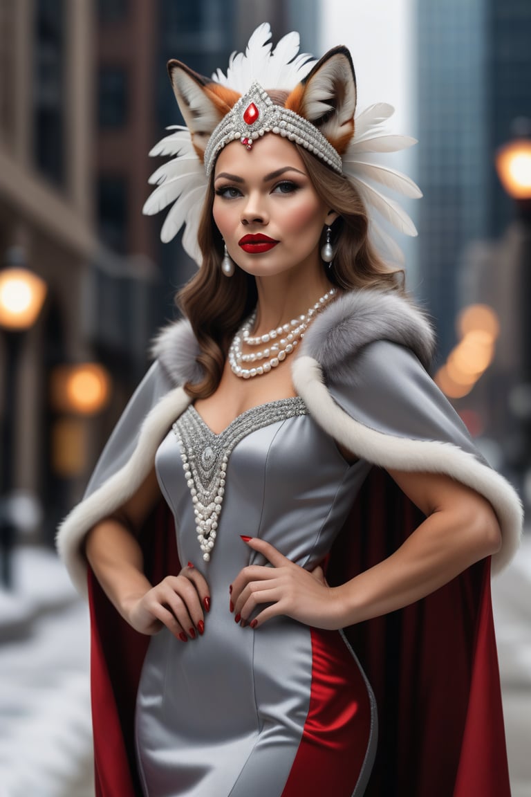 photo, Russian woman dress in Chicago style, headdress with pearls and feathers, red lipstick, random different positions of hands, cape made of natural fox fur, gray blurred background