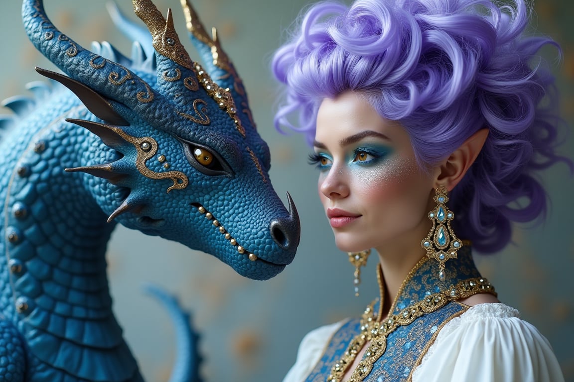 Fantasy, a dragon and a beautiful elf woman with purple voluminous hair in a complicated hairstyle. The colors are blue, white, and gold. Make-up in the form of fantasy patterns. The outfit is high fashion, stylish and refined, lots of jewelry and jewelry, ultra-detail, soft lighting, floral botanical, high resolution, 30mm lens, 1/250s, f/2.8, ISO 100, hyperrealism.