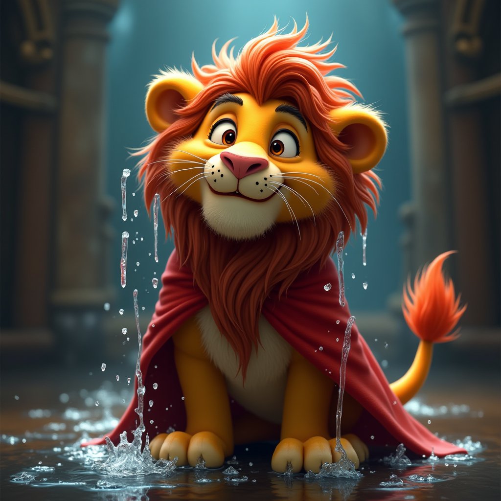 blockbuster, masterpiece, anthropomorphic lion apprentice of a magic school, soaked apprentice's cloak with water dripping off, cheerful demeanor, captivating the audience with humor, gaze directed at the viewer, vibrant colors, whimsical magical effects surrounding, playful expressions, lighthearted atmosphere