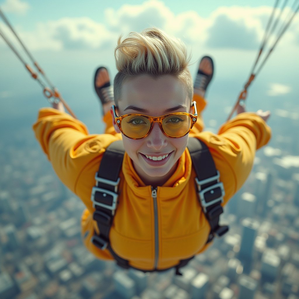  A young woman with a stylish fashionable haircut and in a bright jumpsuit with straps and rivets, jumps with a parachute, an unusual angle of flight over the city, dynamics of movements, the city is far below, a woman soars in the clouds, she has interesting close-up shoes, sports colored glasses and a smile, in the style of realism, cinematic.
#Dalle