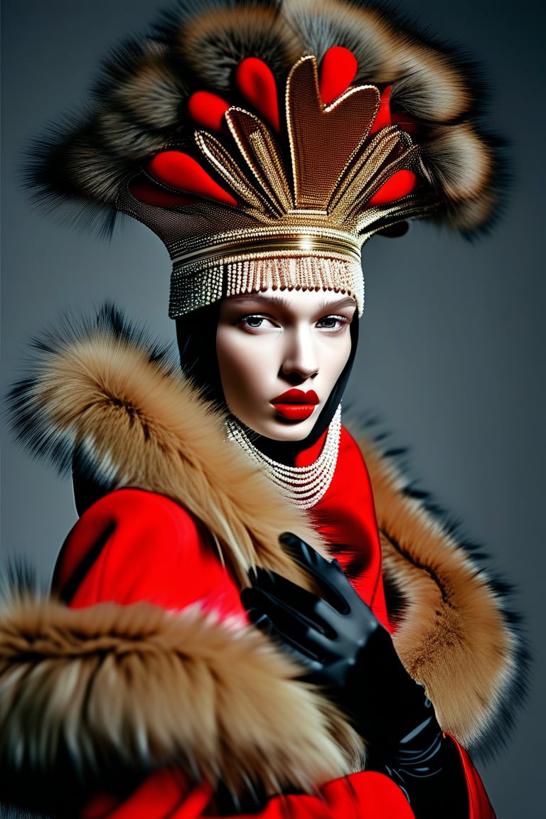 photo, Russian woman dress in Chicago style, headdress with pearls and feathers, red lipstick, random different positions of hands, cape made of natural fox fur, gray blurred background