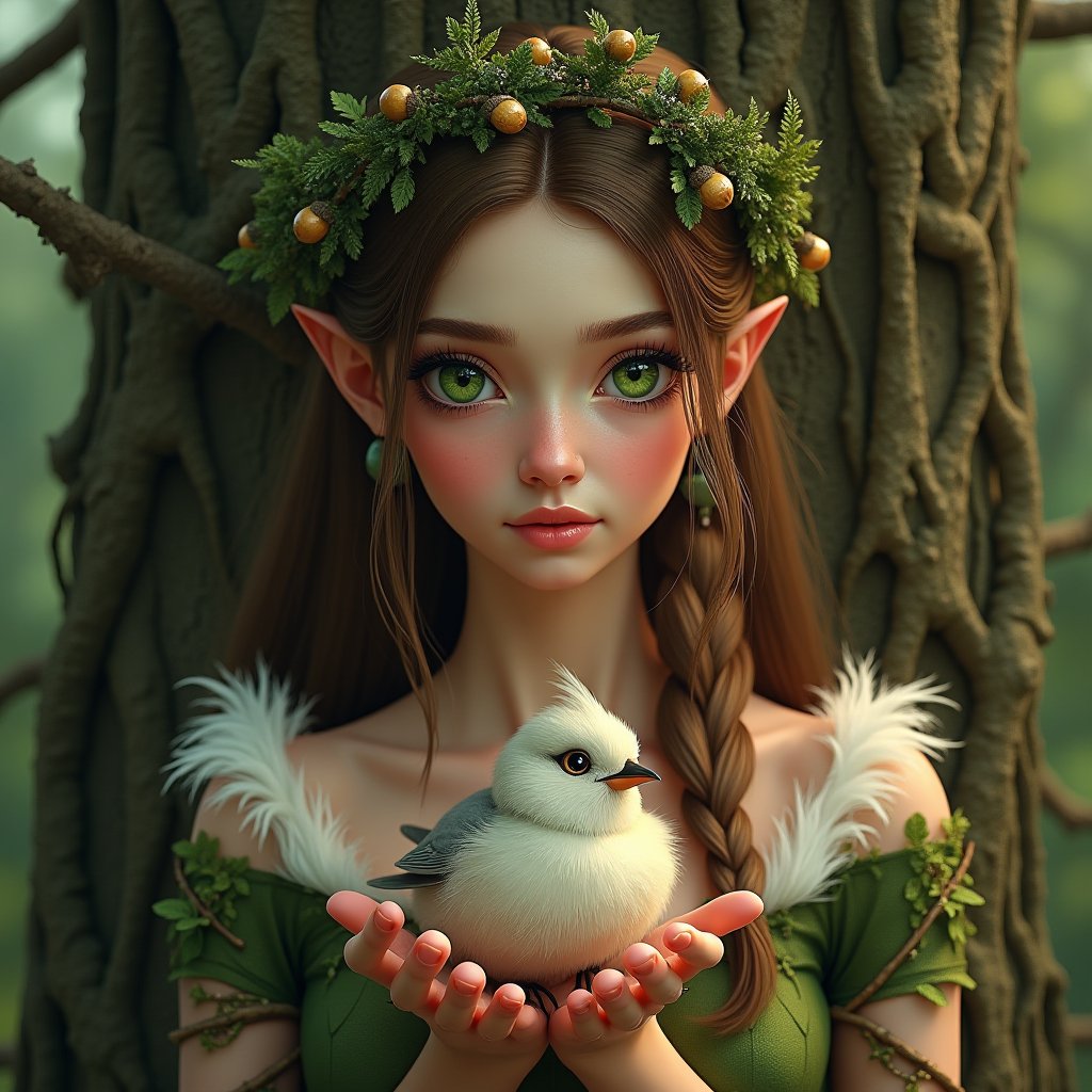  A beautiful dryad woman, near a tree, holds a beautiful fluffy bird in her hands. The woman has a beautiful face, pale radiant skin, large emerald eyes, thick long eyelashes, makeup with an emphasis on the eyes. An outfit made of the texture of tree bark, brown hair intertwined with tree branches, earrings made of acorns, a green wreath of twigs and leaves. Photorealism, large 3d strokes, deep shadows, fantasy, delicate juicy colors, highlights, radiance, shine.