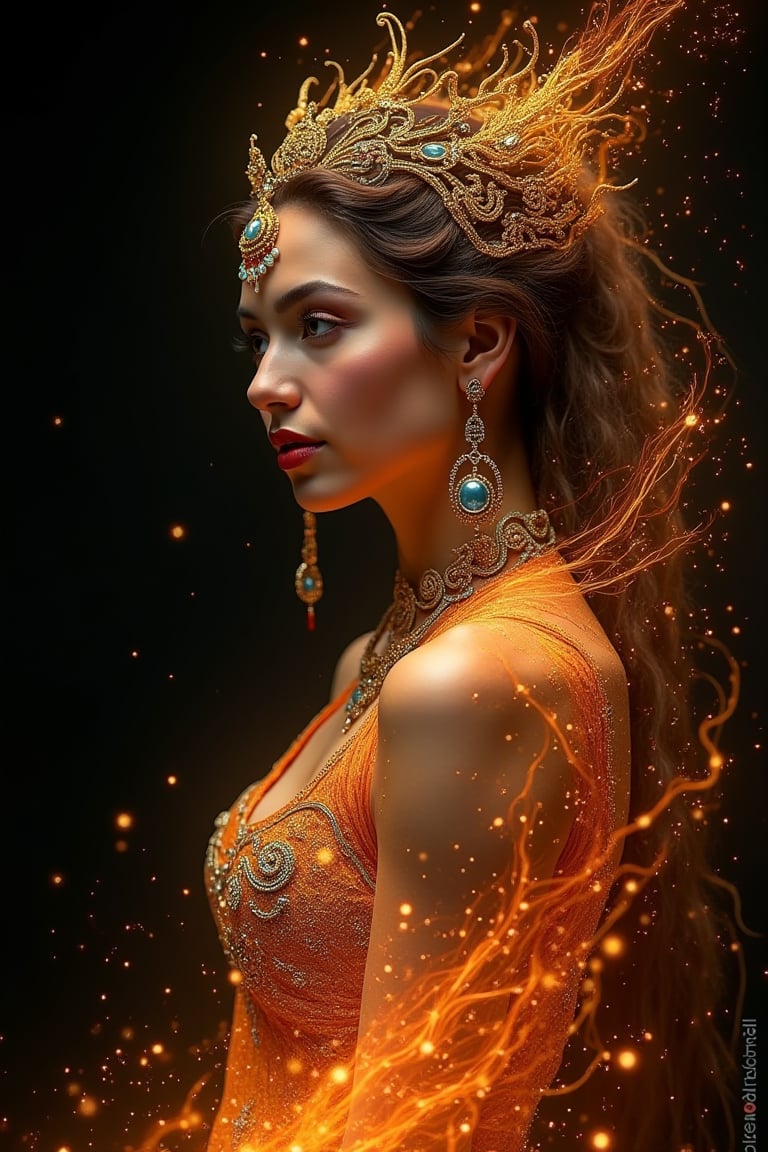  A well-drawn portrait, a beautiful woman with long hair, looking into the frame, a beautiful face, a beautiful figure, body jewelry in the style of Persian dancers. A fiery gloomy creature on a black background, a flaming world, an intricate fractal. Beautiful, slender, elegant, detailed figure, precise elaboration of details, 3D, spectacular, surrealism, clear contours, golden and fiery threads, sparks, intricate, professional image, hyperrealism, incredible landscape in the background. A mesmerizing, dynamic, raging wind.