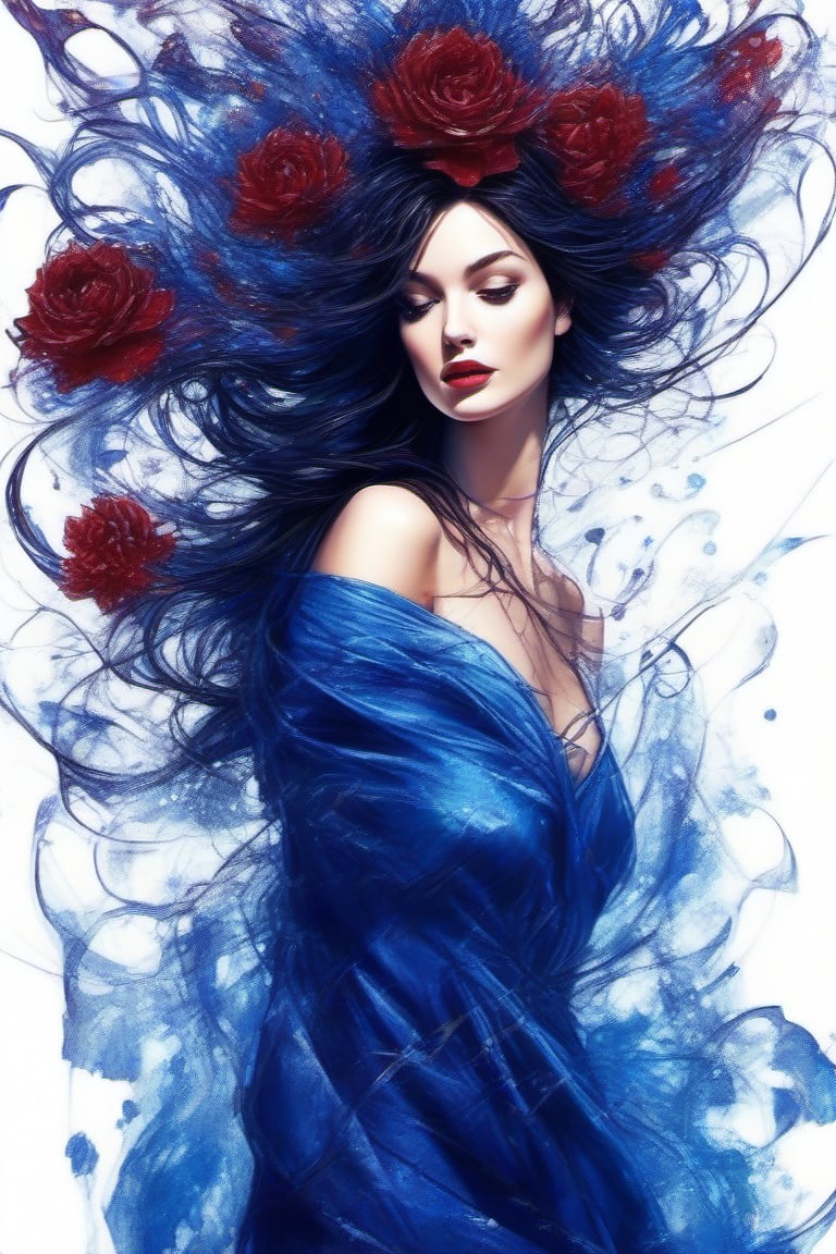 high quality, high quality, 8K Ultra HD, In this exquisite ink painting, the dynamic essence of Lana Rhoades's beautiful figure, blue silk dress. off-the-shoulder with striking beauty, deep shades of blue, dark red and black ink converge to form intricate patterns, capturing the essence of elegance and power of plumage, deep red and deep purple flowers, vines with thorns wrapping around her figure