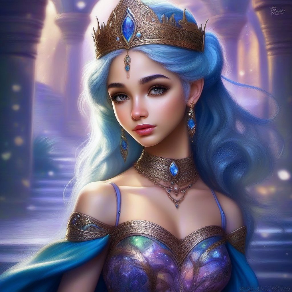 Flirt princess 18 yo of the (dream: 1.5) elves) kingdom, tattoo face, Portrait (face: 1.2),diadem, (in very Nice dress), grotto,, by Todd Lockwood