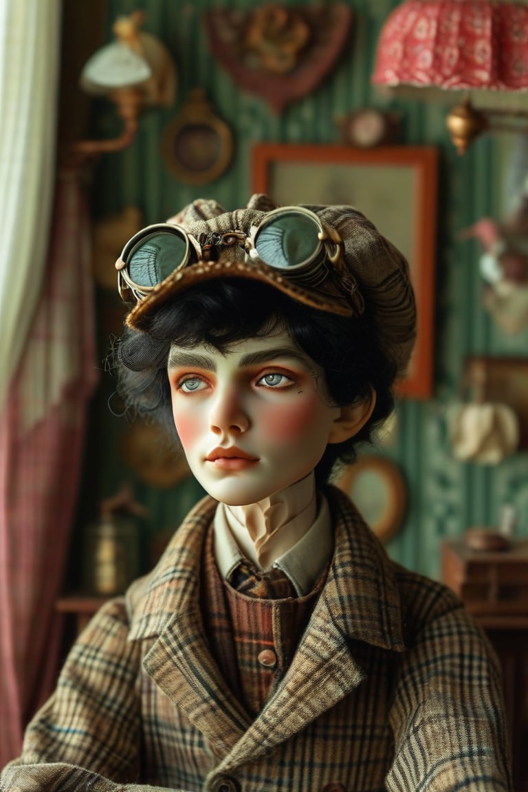 A detailed, whimsical portrait in the style of Wes Anderson, featuring a quirky figure with a thoughtful expression on their detailed face. The subject is dressed in meticulously curated, vintage-inspired attire that exudes a sense of nostalgia and eccentricity. The scene is set in a carefully crafted, almost dollhouse-like environment, with symmetrical compositions and a rich, warm color palette. The photograph is captured using a film camera, such as an Arriflex with anamorphic lenses, to achieve the characteristic Wes Anderson visual style. The background includes intricate, whimsical details such as vintage props, patterned wallpaper, and carefully placed objects, creating a sense of melancholic nostalgia and a touch of the surreal