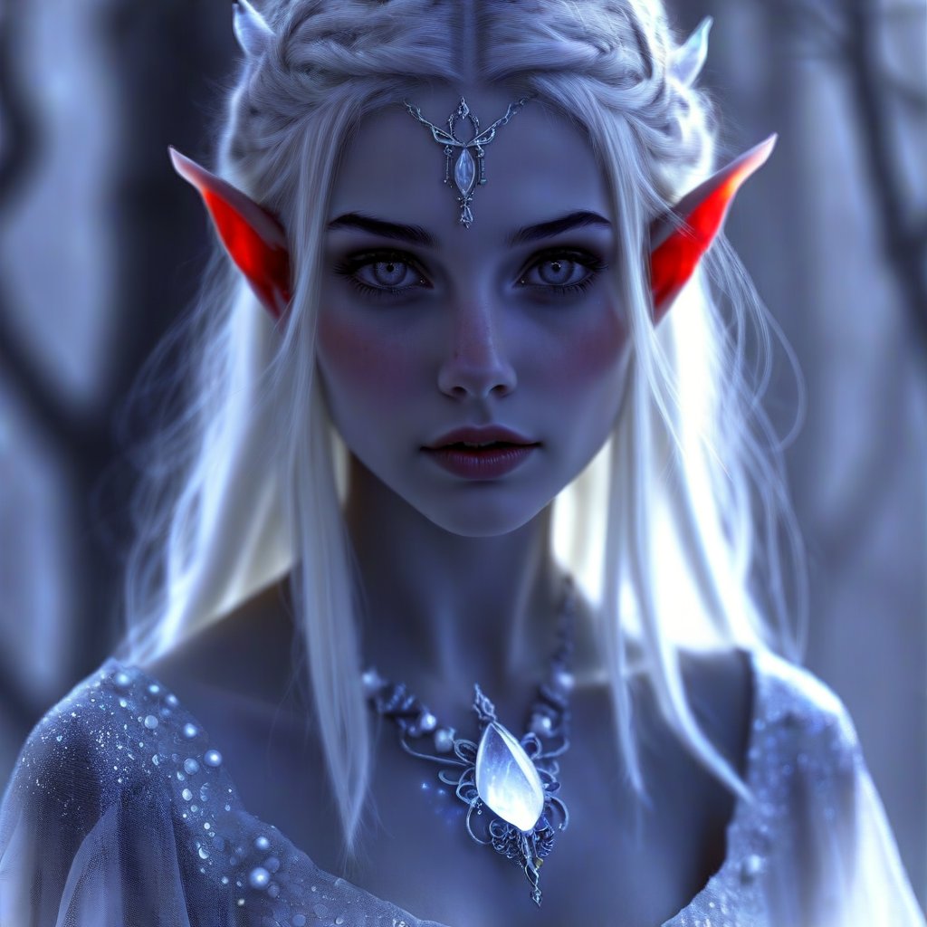 the woman is half elf, beautiful, short, fragile, with black and white long hair, fashion white dress made of frost, shimmers and glitters, a pendant with a dragon's Eye stone on her neck, a fantasy, -ar 3: 4