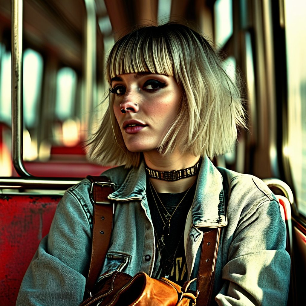 Portrait of a blonde woman, bob haircut, straight quiff, full-length, wearing clothes reminiscent of a casual punk rocker, she is lounging in a dirty subway car, unkept hair framing her carefree image, leather bag by her side, dramatic interplay of shadows and air speckles,