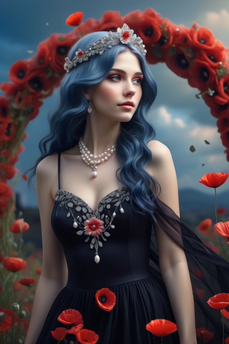 A beautiful fairy woman, a tiara of diamonds, pearls and flowers, long wavy blue hair, in a thin, black, airy dress with a scattering of pearls and red poppies, a whirlwind of flowers, a necklace of diamonds around her neck, beautiful, shiny, aesthetic. High resolution, high detail. In the background there is a floral arch against the background of the starry sky.