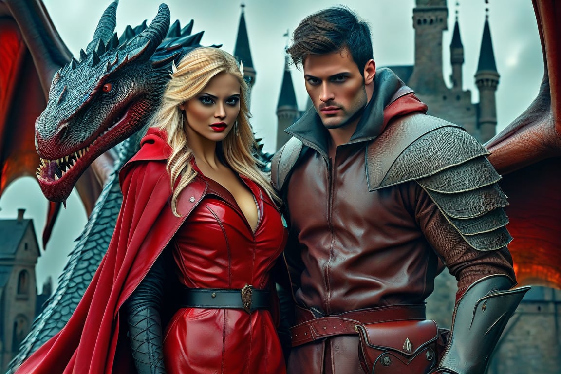  A masterpiece of photographic painting, ultra-high detail, epic and fantasy, a portrait of a pair of fantastic characters (a brunette man and a blonde woman) in close-up, together with a huge mighty dragon, in a medieval setting with Gothic architecture, a detailed image of a female sparkling dress, similar to the scales of a dragon, and a man's athletic torso, complemented by bright red raincoat and leather accessories. Together they create the image of lovers and brave heroes.