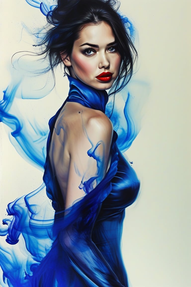 high quality, high quality, 8K Ultra HD, In this exquisite ink painting, the dynamic essence of Lana Rhoades's beautiful figure, blue silk dress. off-the-shoulder with striking beauty, deep shades of blue, dark red and black ink converge to form intricate patterns, capturing the essence of elegance and power of plumage, deep red and deep purple flowers, vines with thorns wrapping around her figure