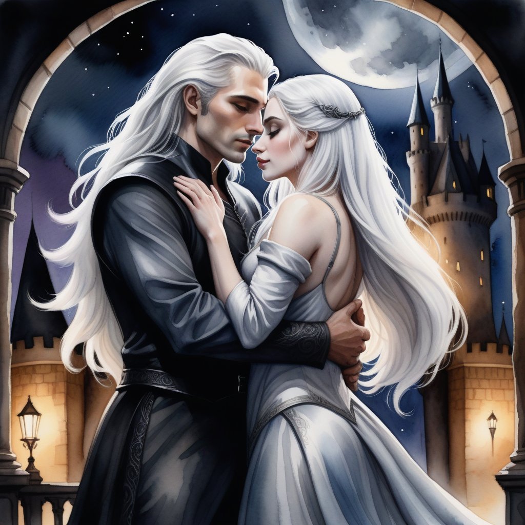 watercolor noir couple of white man and woman standing next to each other, beautiful fantasy style portrait, Magali Villeneuve style, long smooth white hair, lovers, incredibly beautiful image, hugging, son of the night, long gray hair leading to a beautiful couple, crazy white hair, looking in your direction, midnight castle