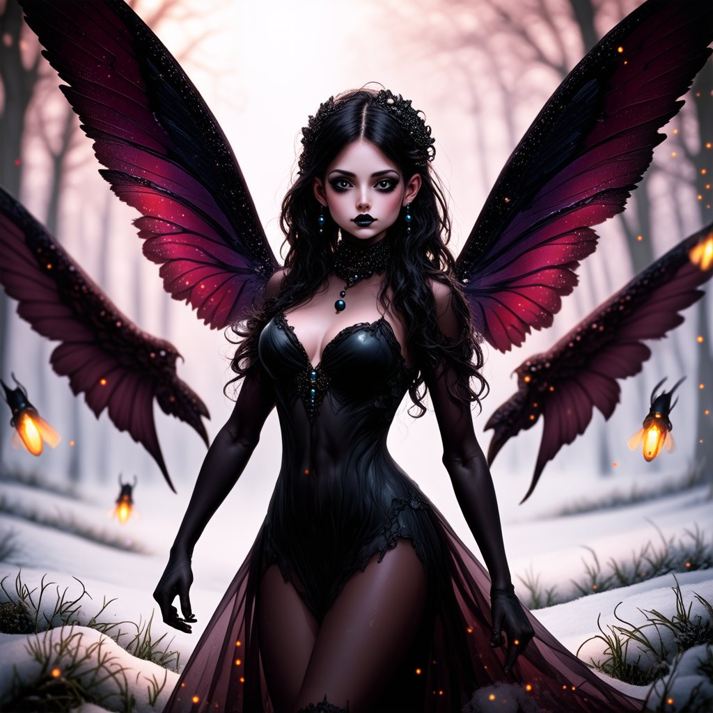 Dark fantasy. Dark Fairy, mistress of dark forces, detailed facial features, large transparent dark wings with small black pearls. Stands on fluffy snow covered with bright spots of burgundy paint. Fireflies fly around. Extreme detail. High definition image. Wallpaper.