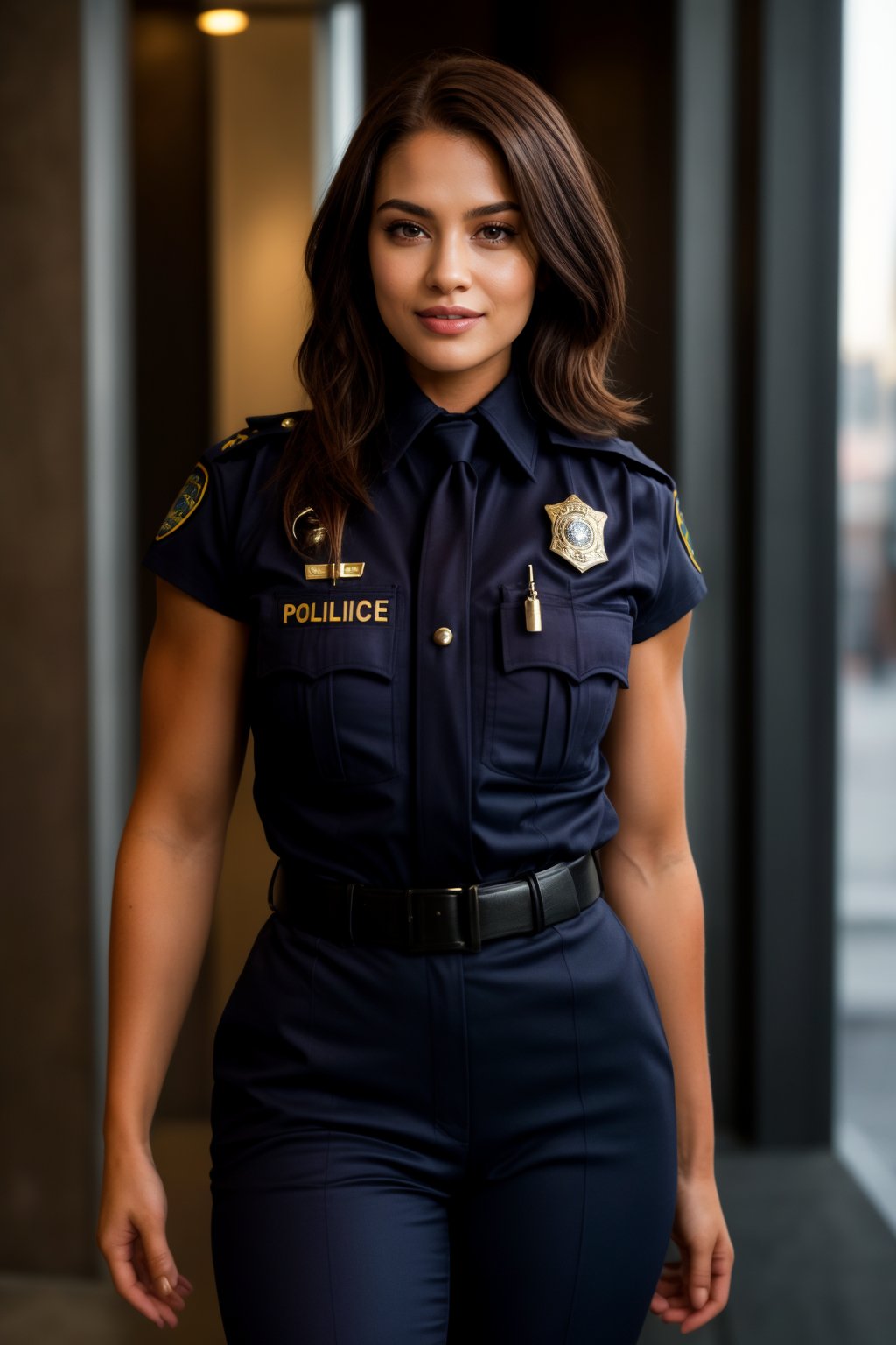 photo, rule of thirds, medium hair, medium hair, detailed face, detailed nose, Full length photo of a beautiful muscular woman in a police uniform, smirk, intricate background
