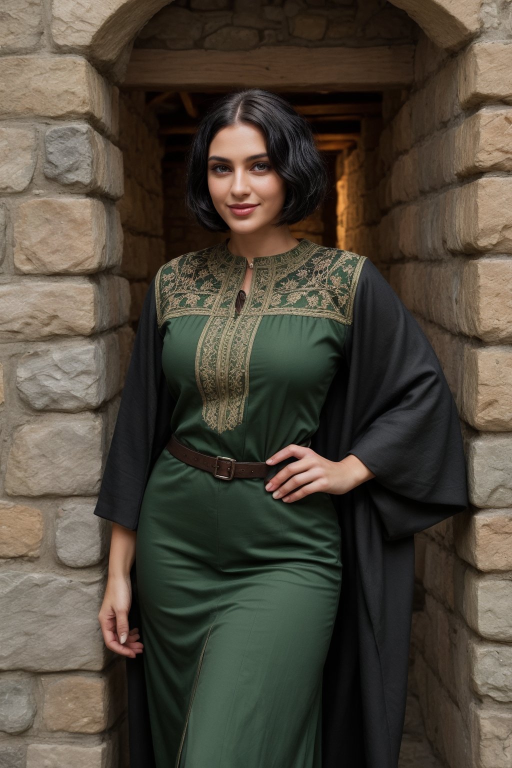 photo, rule of thirds, black hair, green eyes,  bob hairstyle, detailed face, detailed nose, Full length photo of a beautiful muscular woman in a mage outfit, smirk, intricate background, She stands inside a richly furnished medieval stone house

