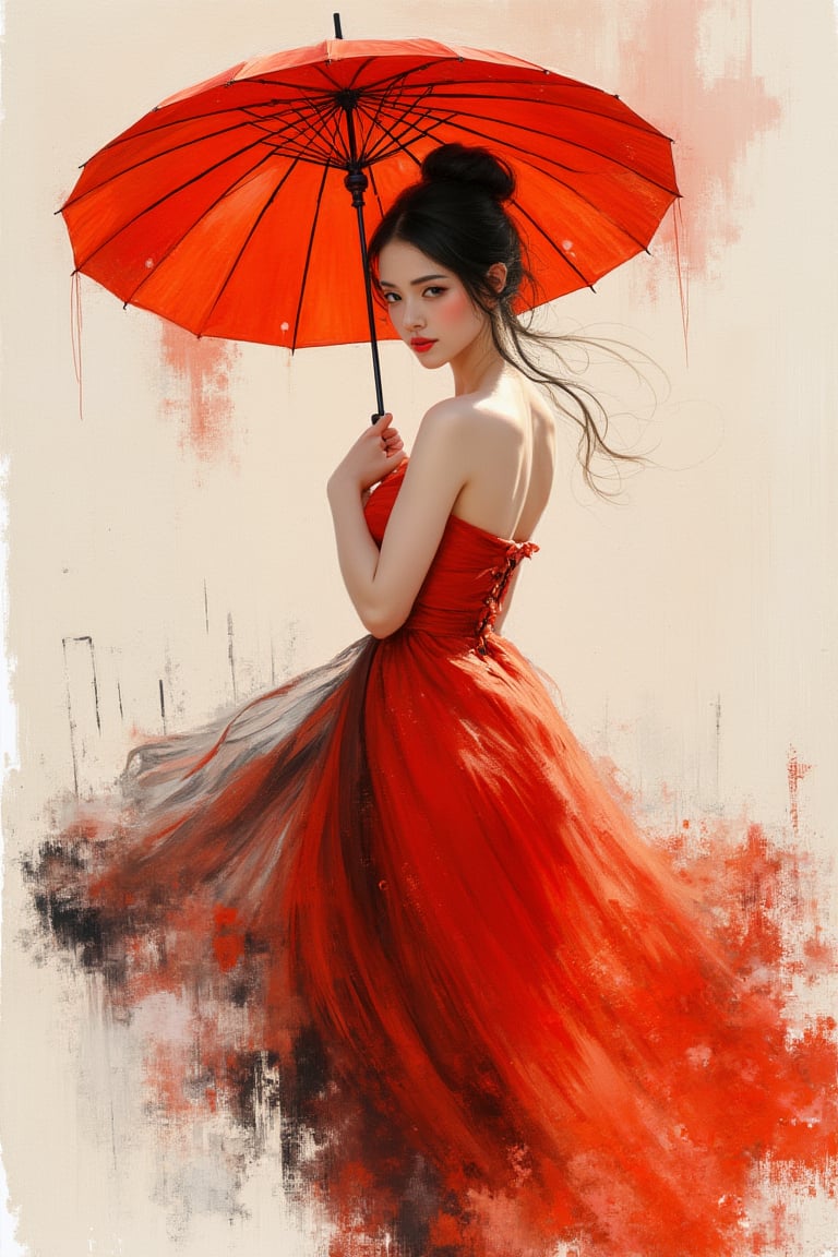 a painting of a petite Asian woman holding a red umbrella, in the style of fluid dynamic brushwork, textured canvas, graceful balance, dark orange and white, whirly, i can't believe how beautiful this is, energetic street artist,Auguste Renoir ~ Paul Peel ~ John Singer Sargent ~ Alexandre-Jacques Chantron ~ John William Godward ~ John William Waterhouse ~ Han-Wu Shen ~ Ishitaka Amano ~ Chakrapan Posayakrit ~ Kim Jung Gi ~ Kei Mieno ~ Ikushima Hiroshi ~ WLOP ~ William-Adolphe Bouguereau ~ Alphonse Mucha ~Luis Royo ~ Range Murata ~ Jock Sturges photography ~ David Hamillton photography ~ Rustic Sketchbook Style, Sketch Book, Hand Drawn, Dark, Gritty, Realistic Sketch, Rough Sketch, Mix of Bold Dark Lines and Loose Lines, Bold Lines, On Paper, Turnaround Character Sheet, Natural Light, Dynamic, Highly Detailed, Watercolor Painting, Watercolor Paper, Artstation, Concept Art, Smooth and Crisp, Sharp Focus, Illustration, Goth girl,sparkles