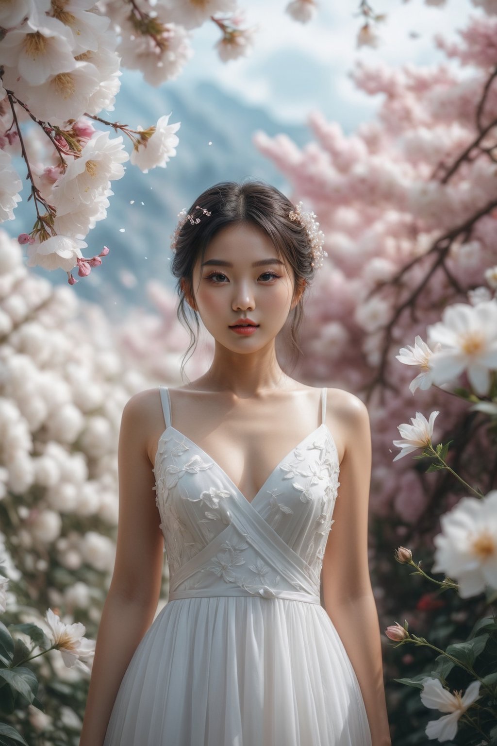 Ultra realistic, 4K, close up shot, 1girl, asian, a woman surrounded by flowers, surreal scene, dreamscape, She is dressed in an elegant white dress, masterpiece,best quality,very aesthetic, (breasts: 0.1), 