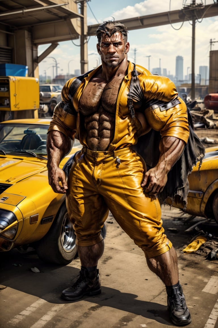 Close-up shot of a mechanic dressed in an orange jumpsuit, crouched beside a vintage Ford GT, covered in streaks of grease and grime. His hands move deftly as he tinkers with the engine, his focus intense. The camera captures the rusty patina of the car's exterior, the worn leather seats, and the chrome accents, while the mechanic's tight fitted jumpsuit stands out like a burst of citrus amidst the industrial backdrop.