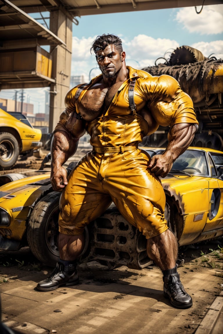 Close-up shot of a mechanic dressed in an orange jumpsuit, crouched beside a vintage Ford GT, covered in streaks of grease and grime. His hands move deftly as he tinkers with the engine, his focus intense. The camera captures the rusty patina of the car's exterior, the worn leather seats, and the chrome accents, while the mechanic's jumpsuit stands out like a burst of citrus amidst the industrial backdrop.