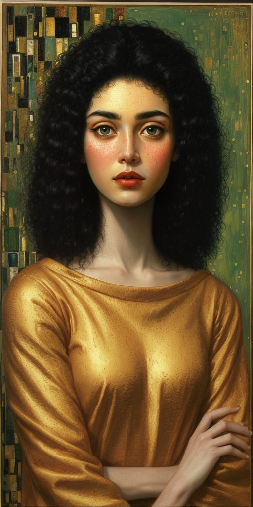 female, Dark skin, Green eyes, Black hair, Freckles, art by klimt and Gerald Brom
