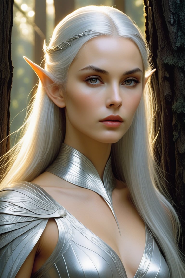 art by Angus McBride in the style of Phillippe Druillet: female, young, wandering elf, Serious, thin, dressed in silver, Narrow face, delicate features, finely chiseled features, Golden eyes, extremely long hair, below waist hair, light grey hair, Fair skin, pointed ears, high cheekbones, ((High forehead)), Upturned eyebrows,  in a forest