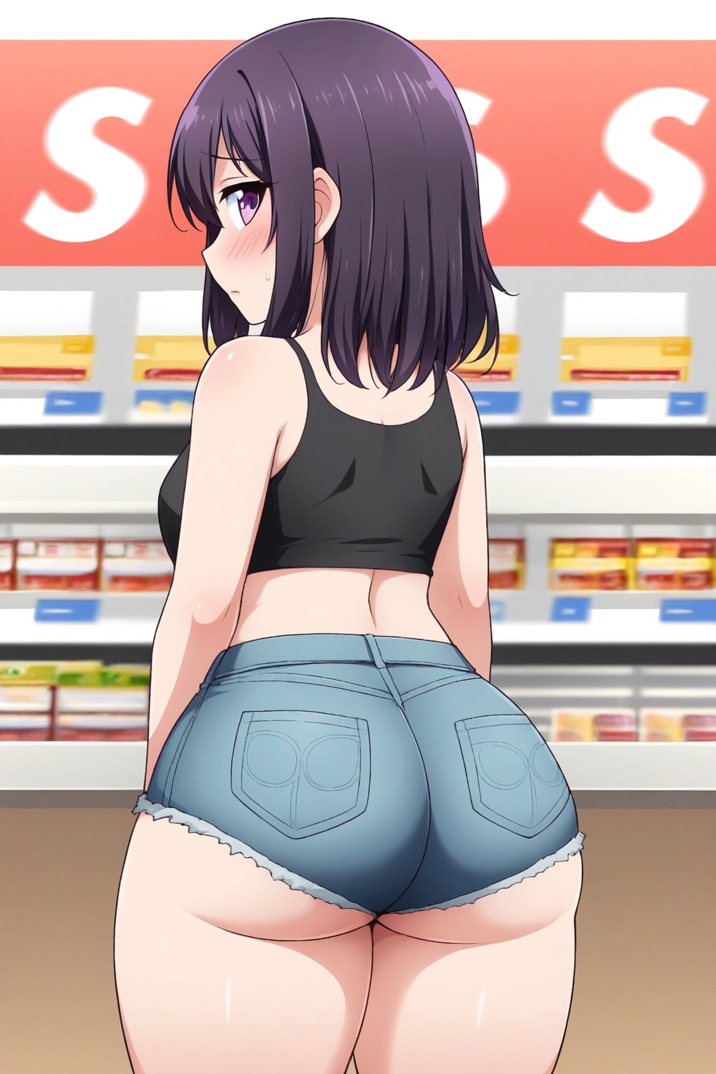 Japanese,  shoulder length hair, big tits, a nice ass, slightly thick thighs, black_hair, short tightfiting crop top, Jean booty shorts, groccery store, blushing, purple eyes
